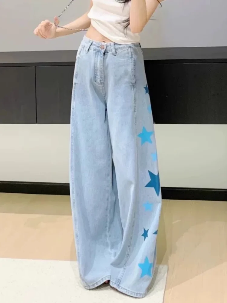 กางเกงยีนส์ผู้หญิงทรงแบ็กกี้สีน้ำเงินฟอกลายดาวสไตล์ Y2K ปี 2025 เสื้อผ้าผู้หญิงลำลองผ้าฝ้ายเดนิม