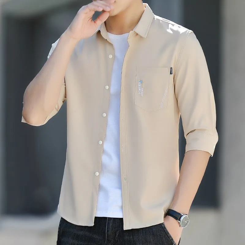 

Мужские ультратонкие ort Sve Ice Silk irt Casual Summer Faion Urban Sle Moisture-ng Дышащие Seven-Quarter Sve