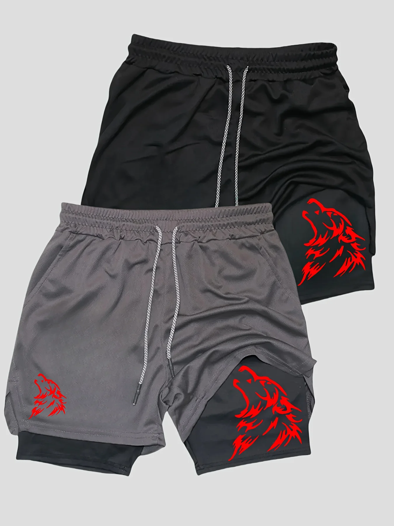 

2pcs 2-in-1 Double Layer Wolf Print Men's Casual Sports Short Breathable Blend for Gym Running Outdoor Activities Workout Shorts