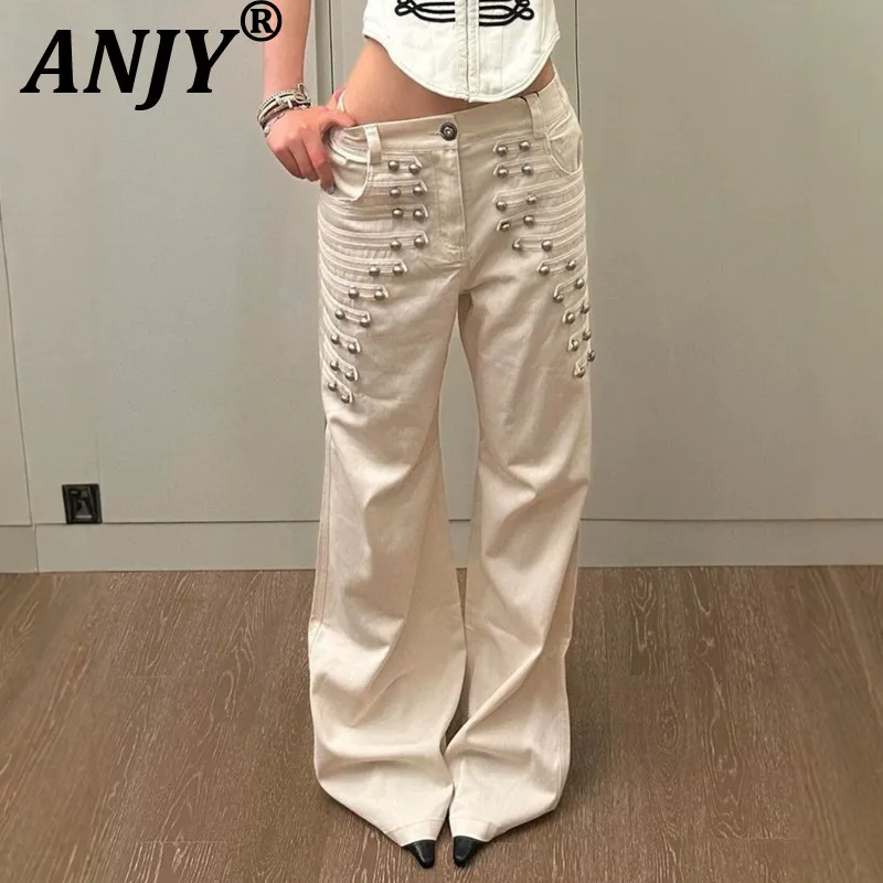 ANJY Spring Autumn New Women Y2K Hot Girl Design Metal Buckle Decoration High Street Vintage Straight Leg Ins Denim Pants A26429