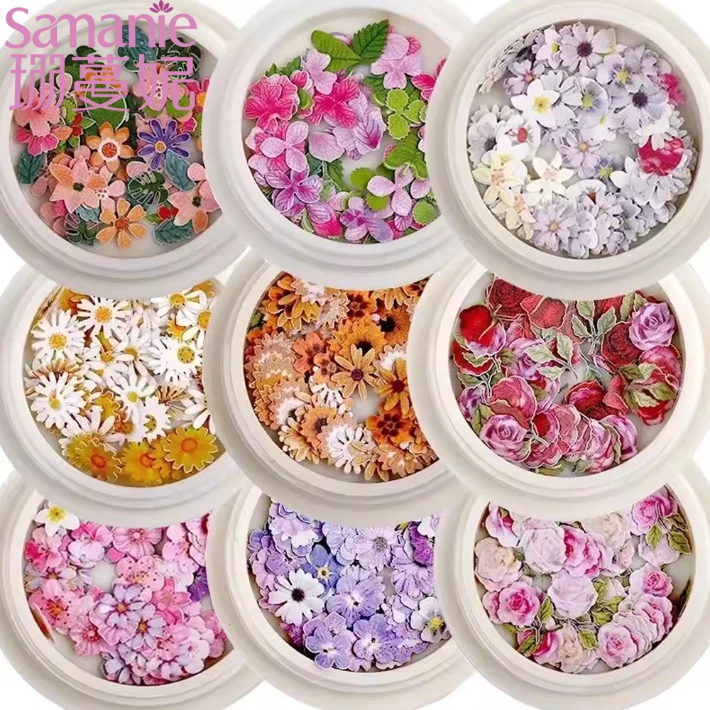 50pcs/Box Nail Flower Ultra-thin Wood Pulp Patch DIY Color Mixed Small Daisy Rose Dry Flowers Nail Decoration Nail Art Accessory