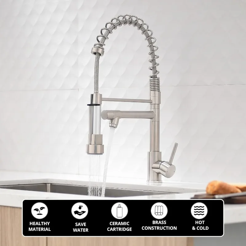 Kitchen Faucet with Pull Down Sprayer,Commercial Stainless Steel Pull Down Sprayer Kitchen Faucet Single Hole Single Hand