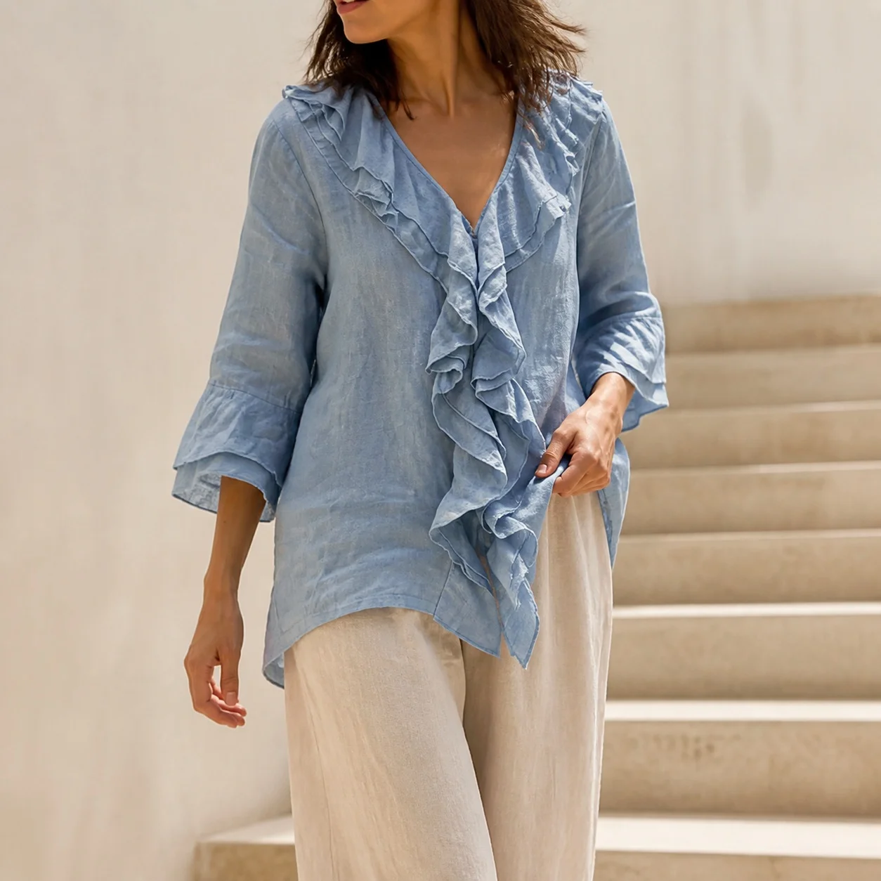 Women's Loose Fit V Neck Flutter Sleeve Solid Color Crinkle Three Quarter Sleeve Ruffle Curved Hem Blouse Tops For Women