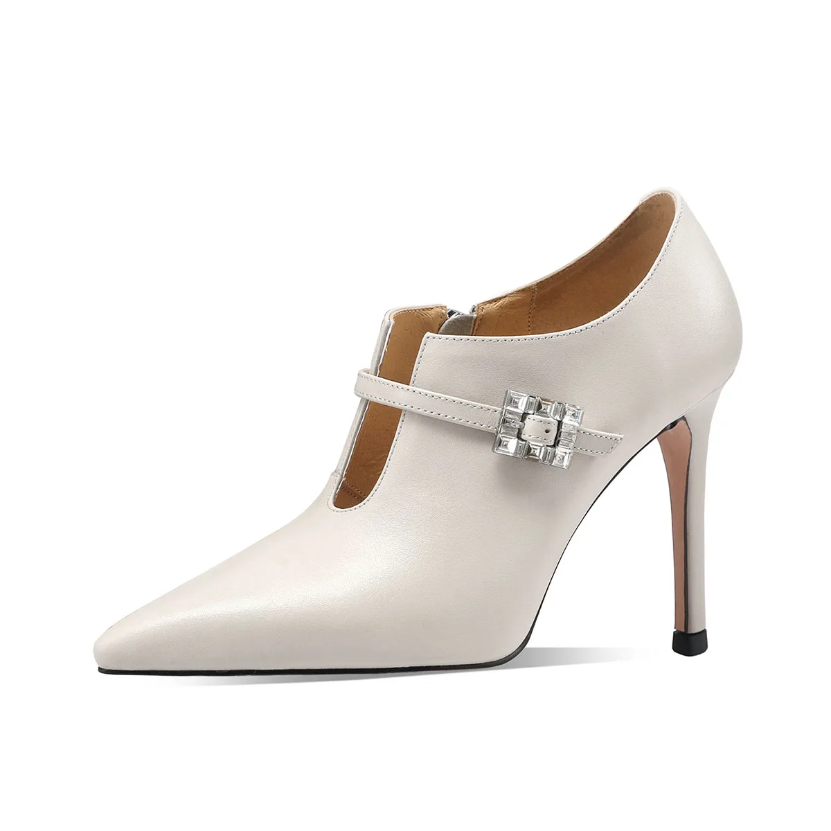 Arden Furtado White cowhide Crystal Single shoe Pointed toe Side zipper Stiletto heel Pumps One word buckle high-heeled shoes