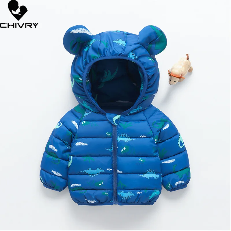 

New Baby Boys Girls Hooded Zipper Lightweight Down Jackets Kids Cute Cartoon Print Coat Children's Autumn Winter Warm Outerwear
