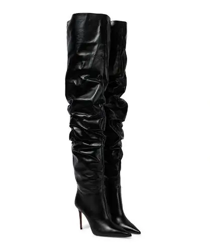 Hot Ladies Black Red Matte Leather Pointed Toe Pleated 9 CM Stiletto Heels Over The Knee Boots Women Thigh High Botas Shoes