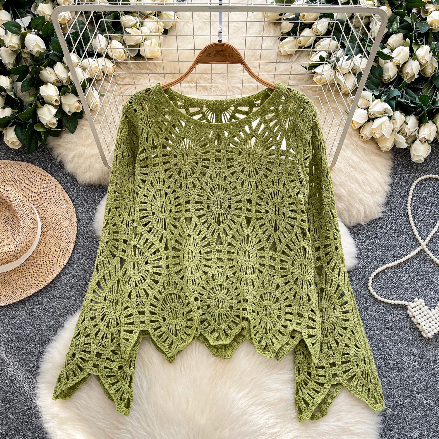 Boêmio oco crochê malha topos para mulher 2025 outono solto férias irregular praia cover-up topos