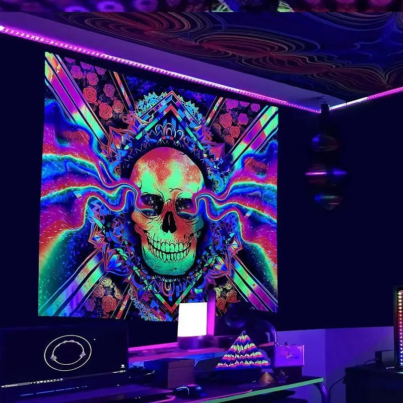 VIKAMA UV Blacklight Sun Moon Skeleton Mermaid Tapestry Psychedelic Neon Gothic Glow Wall Hanging Bedroom Dorm Hippie Home Decor