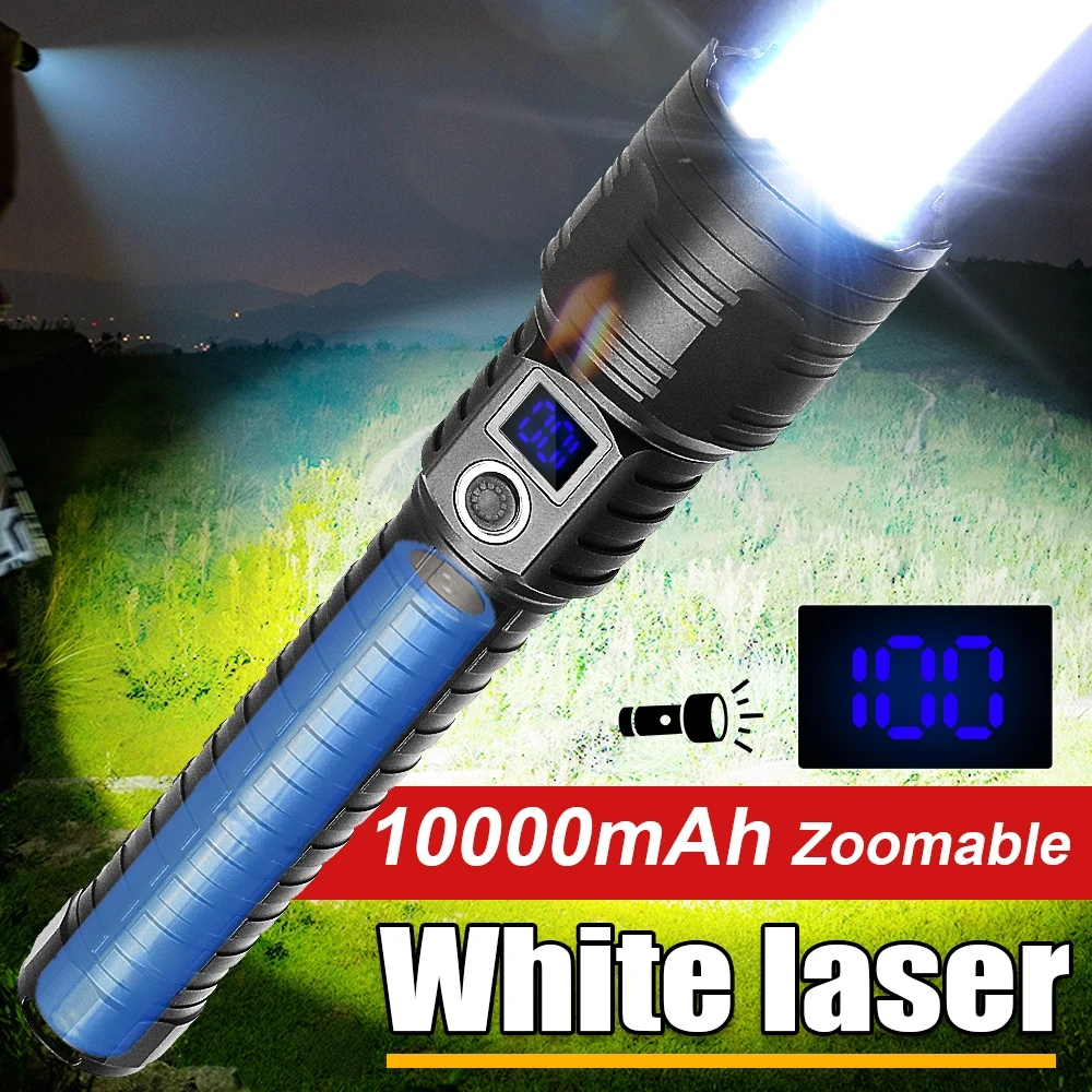 10000mAh High Power White laser Led Flashlights Rechargeable Led Flashlight LCD Lantern ZOOM Powerful Torch Outdoor Light