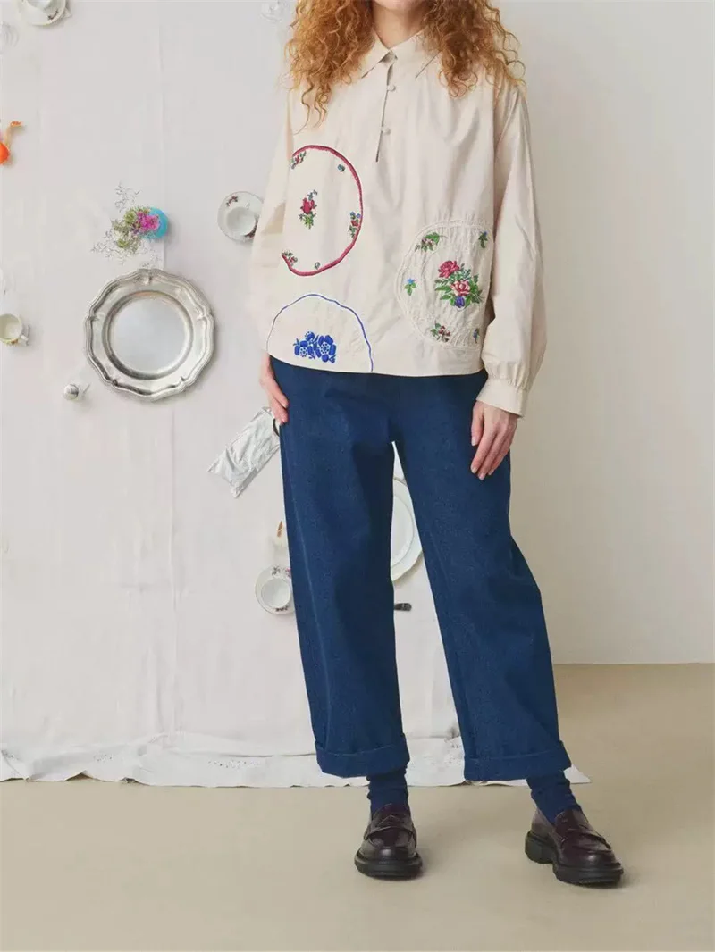 Autumn New Women's Embroidered Flower Pattern 100% Cotton Single Breasted Casual Top