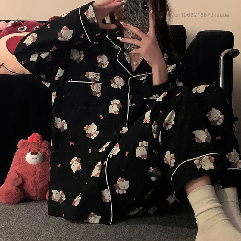 Sanrio Hello Kitty Long Sleeve Top Shirts Trousers 2 Piece Set Women Fashion Home Clothes Cute Pajamas Y2k Black Sleepwear Suit