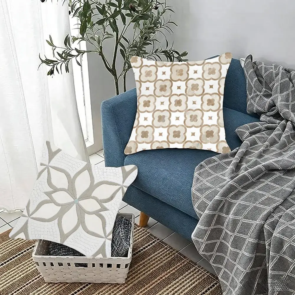Vintage decor Retro geometric floor tiles Cushion Cover Fluffy velvet Nordic style plush Living room sofa decorative