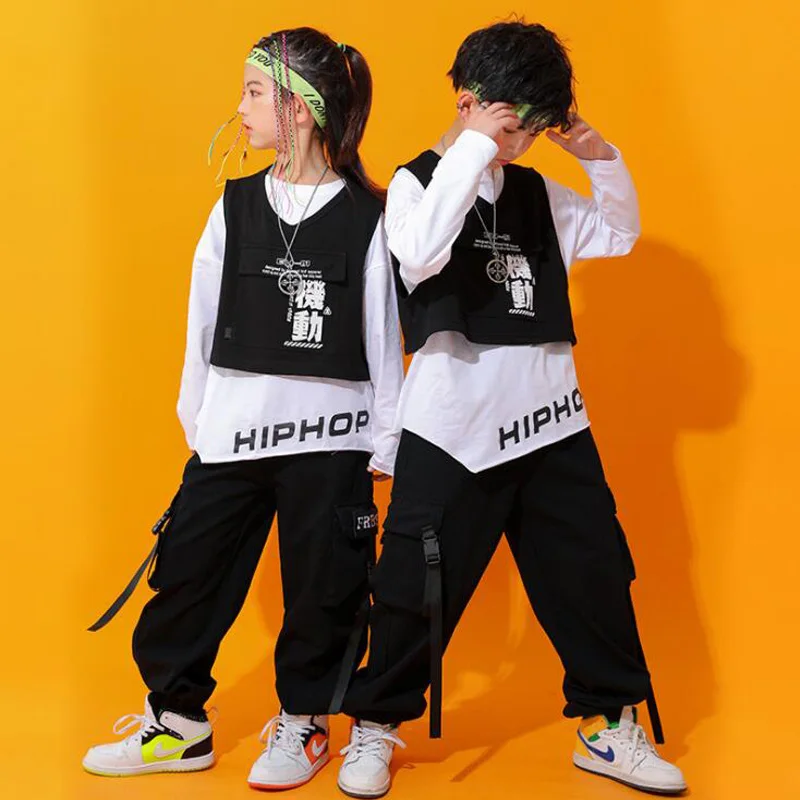 Tops Streetwear Cargo Pants For Girls Boys Jazz Dance Costumes Clothes Kids Cool Hip Hop Clothing Strap Oversized Sweatshirt