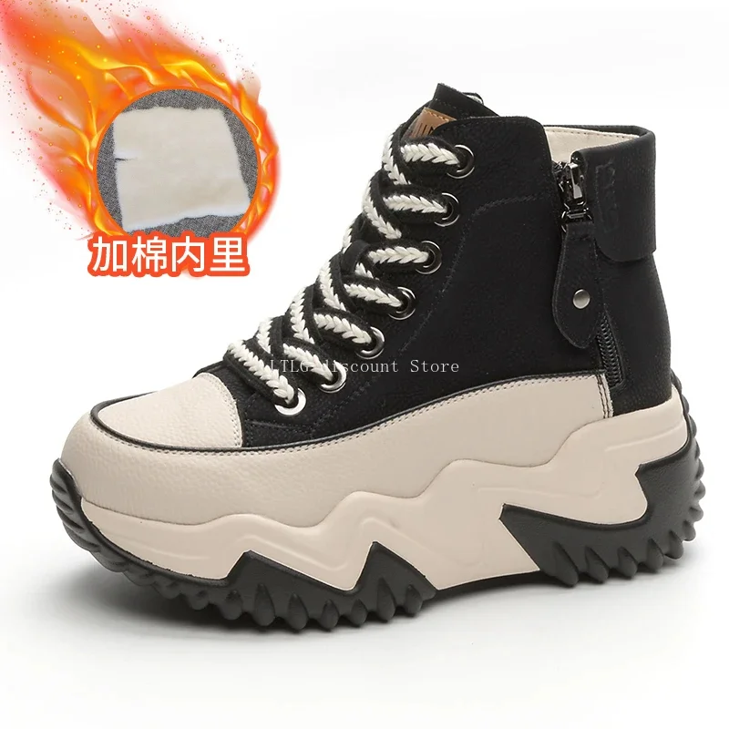 

Woman Winter Sneakers Snow Boots Genuine Leather Fur Chunky Height Increasing Outdoor Running Shoe Platform Heels Tenis De Mujer