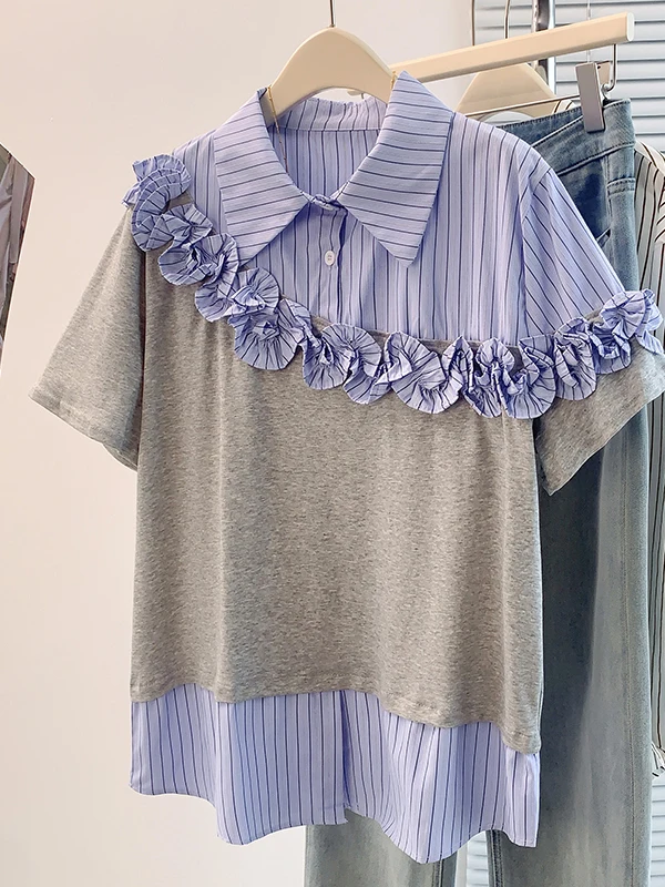 

Новая летняя женская футболка в корейском стиле с эффектом двухслойности, воротником-рубашкой и цветовыми блоками, приталенная, с коротким рукавом, повседневный топ