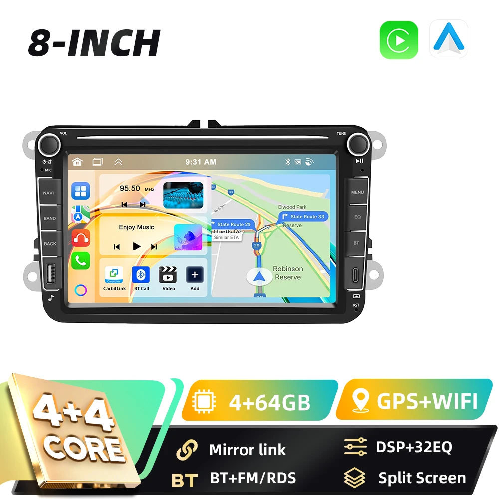 Podofo 8 inch GPS 6+128GB 2DIN autoradio voor VW Volkswagen SAGITAR JATTA JETTA Seat Altea Carplay FM/RDS Android Auto Mirror Link BT