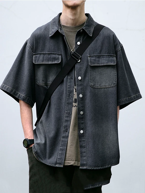 

Мужская джинсовая рубашка с коротким рукавом в стиле ретро, летняя, тонкая, с умным воротником, в рабочем стиле, модная, однотонная, свободного кроя