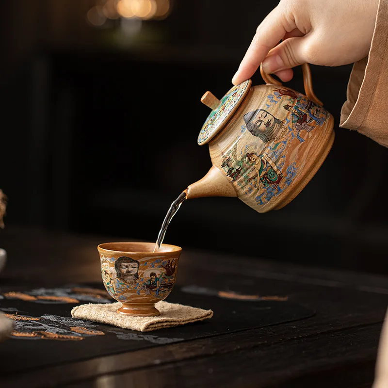 

Dunhuang Teapot Chinese Style Mild Luxury Retro Kiln Baked Stoneware Kung Fu Ball Hole Filtering Pot Tea Kettle Tea Infuser