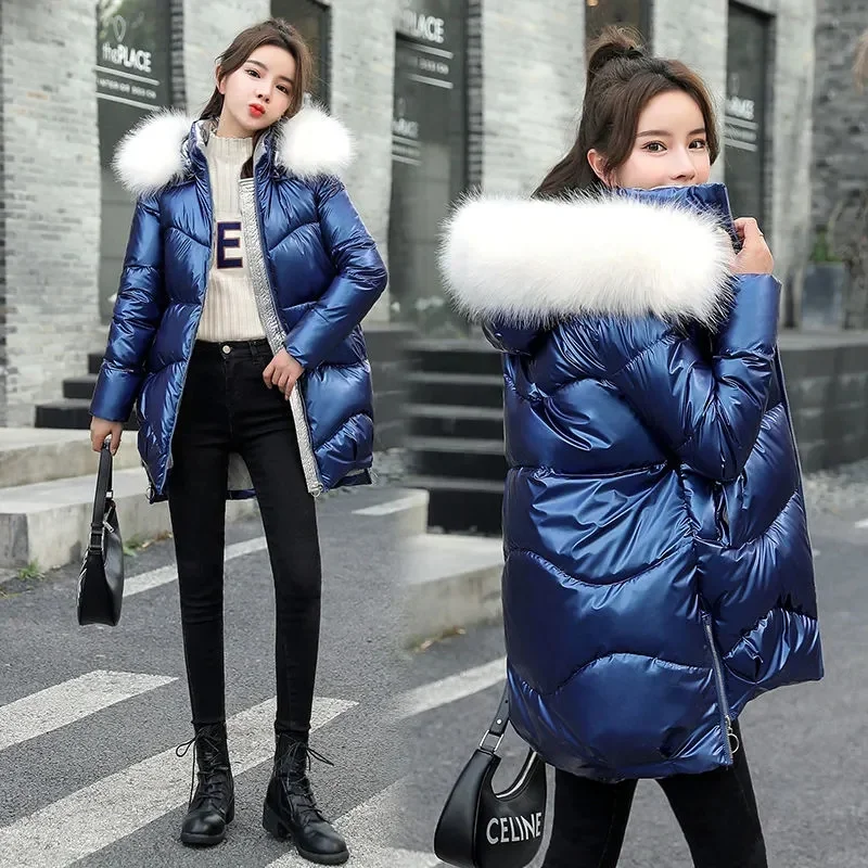 2023 Autumn Winter Hooded Fur Collar Warm Cotton-padded Coat Women Korean Fashion Waterproof Oversized Coat Casual Basic Outwear