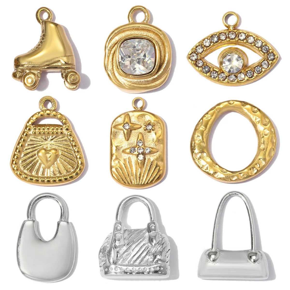 3pcs/Lot Stainless Steel 3D Handbag Star DIY Bracelet Charms Rhinestone Evil Eye Necklace Pendants Woman Roller Skates Jewelry