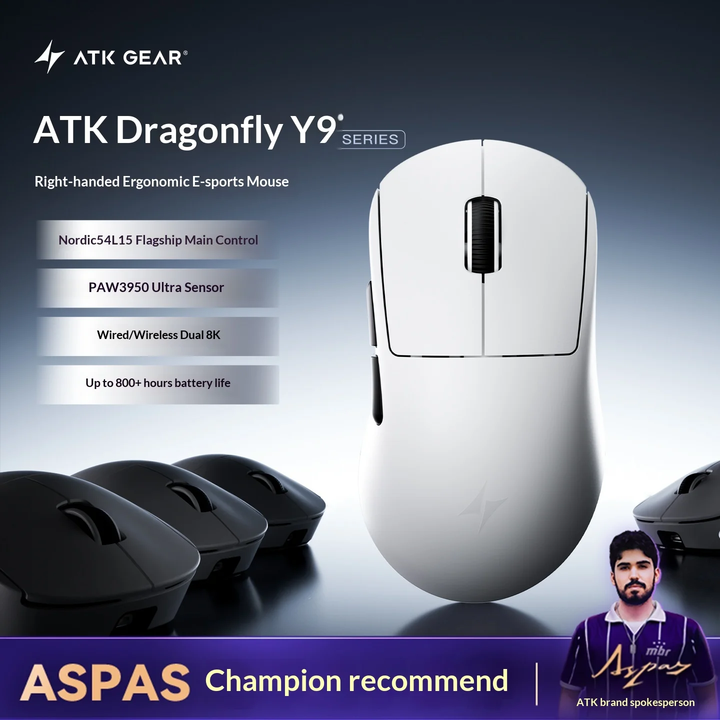 ATK 드래곤플라이 Y9 무선 게이밍 마우스 오른손잡이용 인체공학적 디자인 긴 배터리 수명 듀얼 8K 자체 개발 컨트랙트