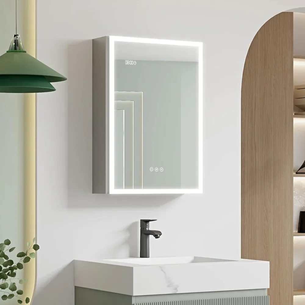 20 X 28 inch LED Bathroom Medicine Cabinet with Mirror, 3 Color Lights & Brightness Anti-Fog Time&Temp Display Surface Mount