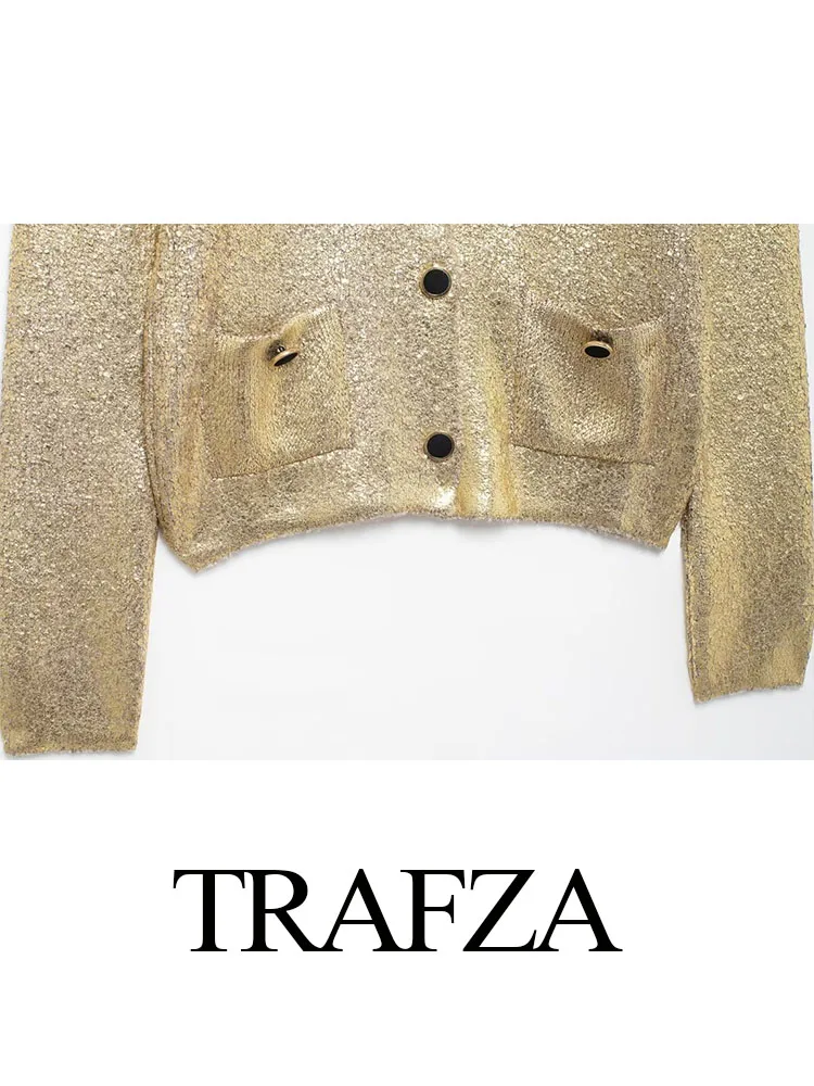 TRAFZA Women Fashion Knitted Tops Gold O-Neck Long Sleeves Pockets Single Breasted Cardigans Female Autumn High Street Coats