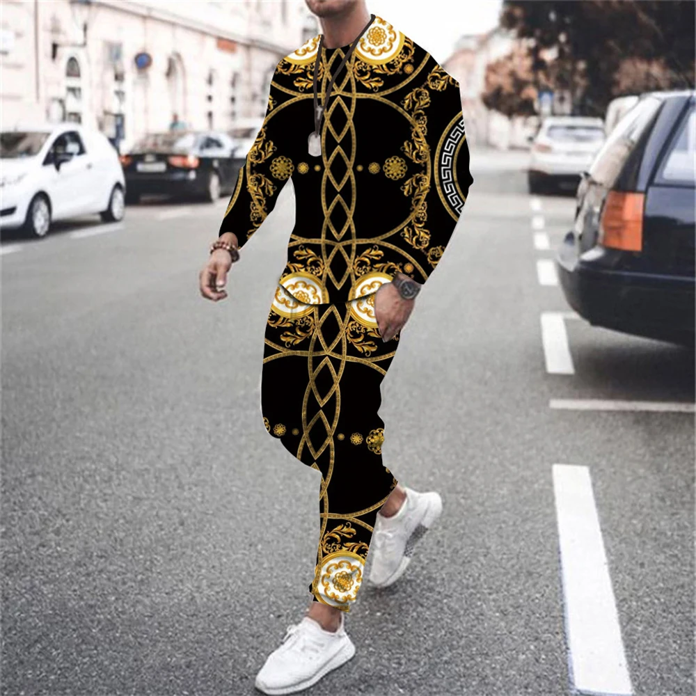 Mode Männer Casual Sportwear für Männliche Jogging Streetwear Luxus 3D Druck Oversize Langarm Toursers Set 2-stück Gym outfit