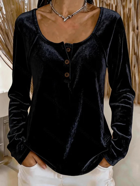Damen-Top aus Samt mit langen Ärmeln und Henley-Ausschnitt in Übergröße, elastische, einfarbige, lässige Bluse mit Rundhalsausschnitt für Damen – Detail 7