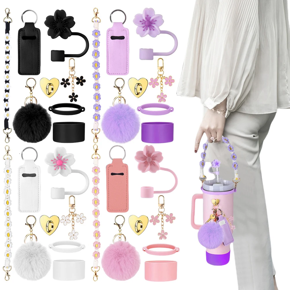 

8Pcs/Set Siliocne Water Bottle Boot Straw Lid Handle Strap Keychain Lipstick Pouch Mini Hook Charms for Stanley 40oz Cup