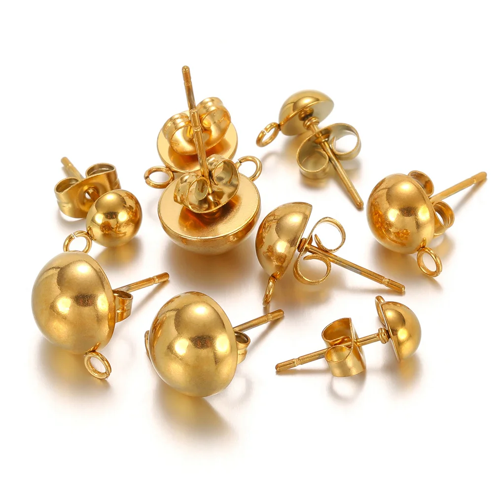 10pcs Stainless Steel Stud Earrings Base Solid Half Ball Ear Post with Open Ring For Earring Making Accessories 6/8/10mm