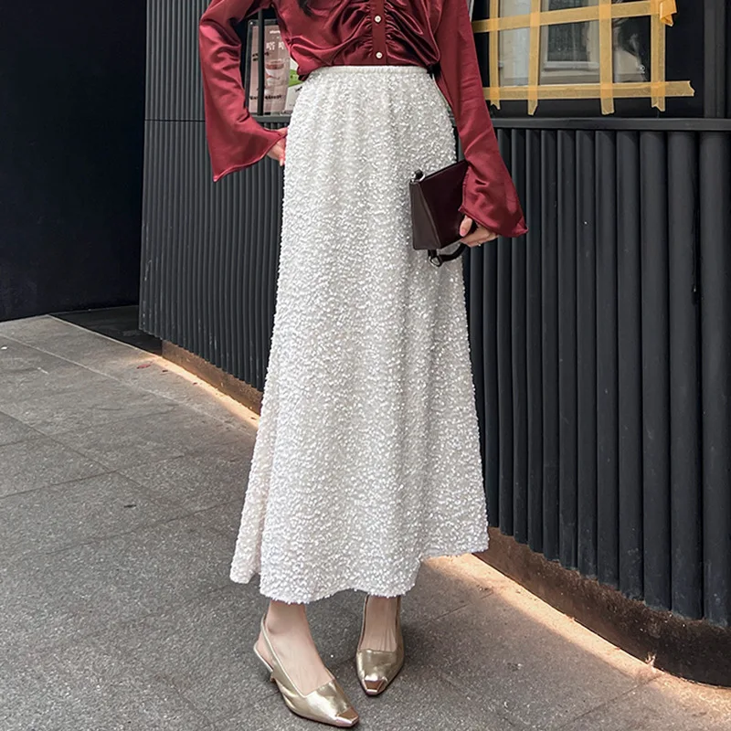 

Элегантная французская юбка миди бежевого цвета с пайетками, женская, весна-осень, с завышенной талией, облегающая, фасон «русалка», модная, для повседневной носки