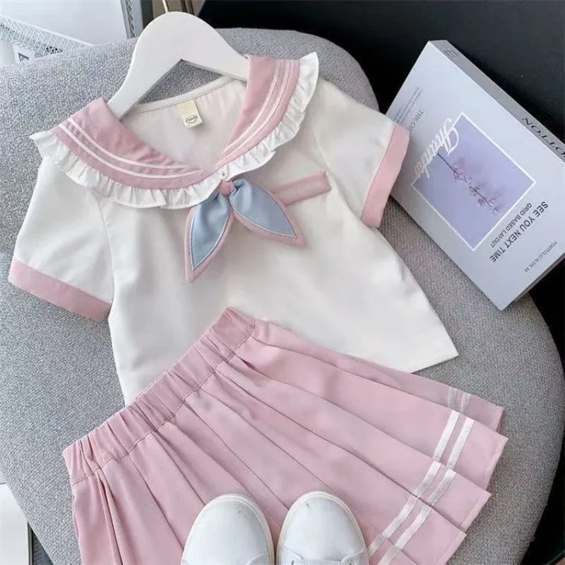 

Summer Children Girls Student Uniform Set JK Mandarin Collar Tshirts and Pleated Skirts 2 Pieces Suit Kid Top Bottom Clothe