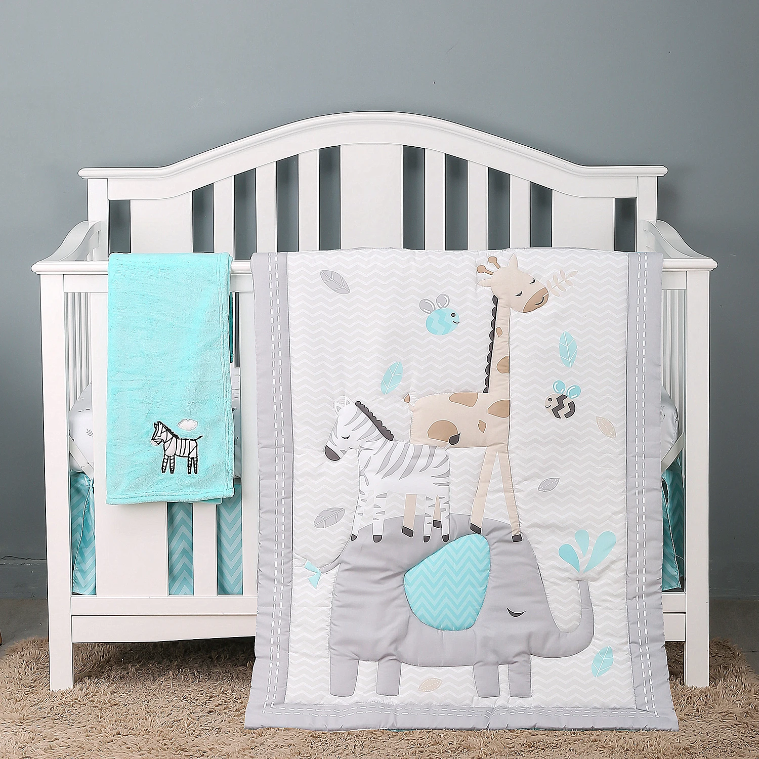 

4Pcs Elephant Crib Bed Linen Kit Cartoon Baby Cot Bedding Set for Girls and boys (Comforter Fitted Sheet Crib Skirt Blanket)