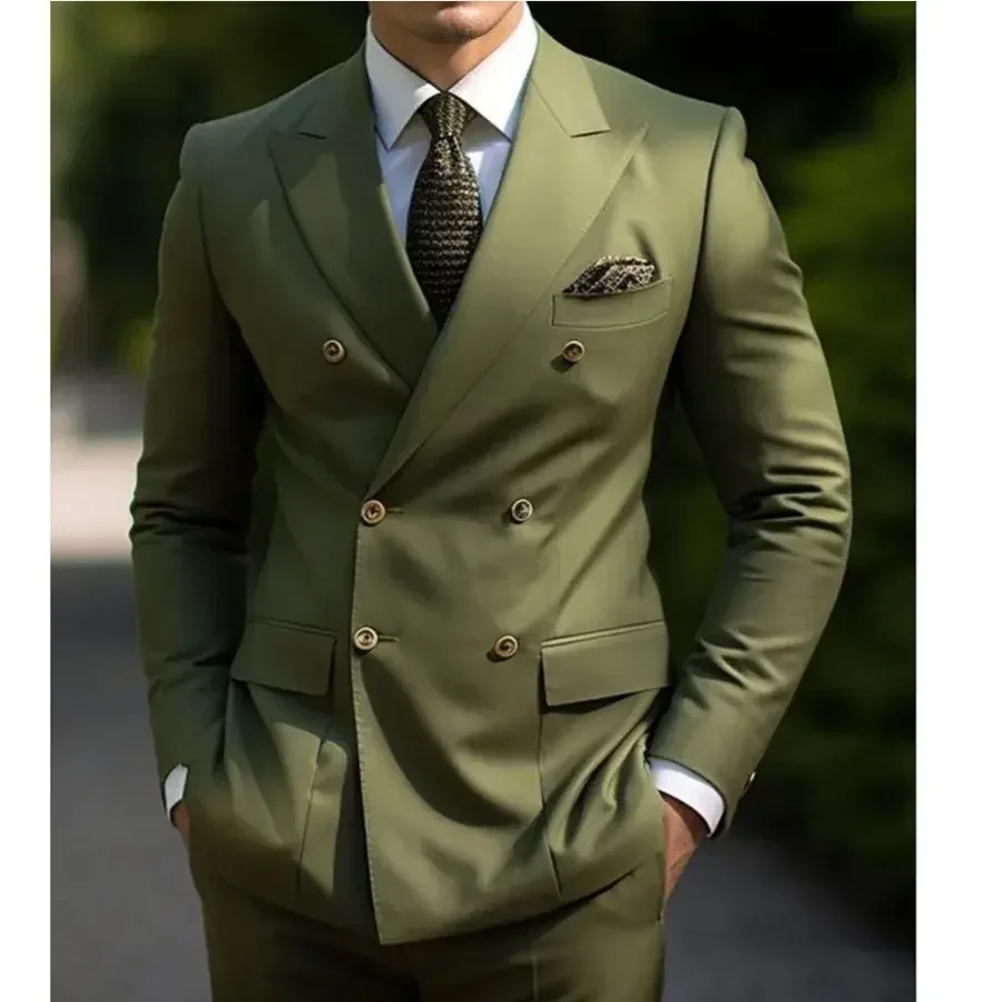 

Formal Men's Suits Bespoke Double Breasted Peaked Lapel Blazer Regular Length 2 Piece Jacket+Pants Wedding Groom Tuxedo Dress
