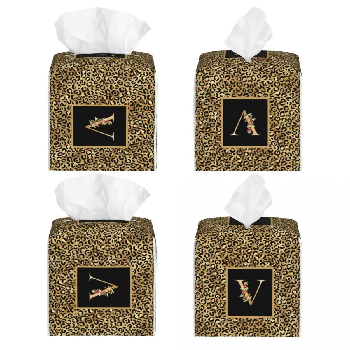 Custom Leopard Pattern Letter Tissue Box Cover PU Leather Square Facial Tissues Holder for Car