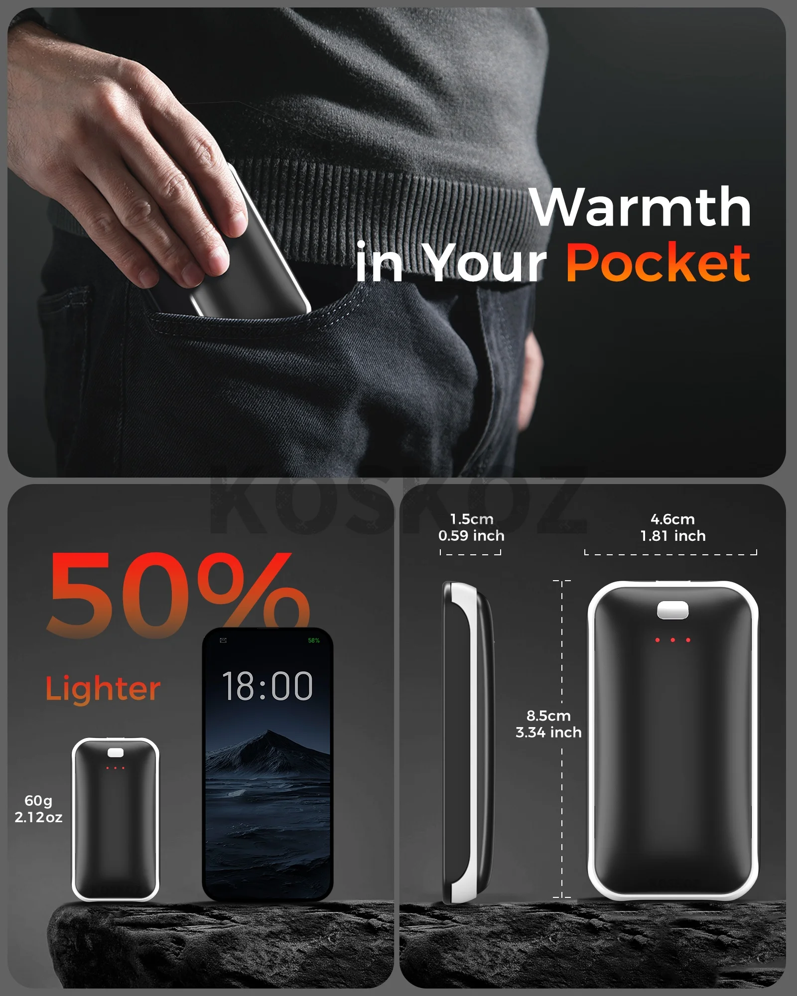 Rechargeable Electric Hand Warmers 2-Pack, Slim Pocket Design, USB-C Charging, 3 Heat Settings for Outdoor Use, Camping