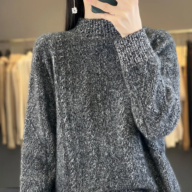 Striped Autumn/Winter new 100% Merino wool pullover Cashmere sweater Women's half turtleneck pullover warm bottom knit shirt top