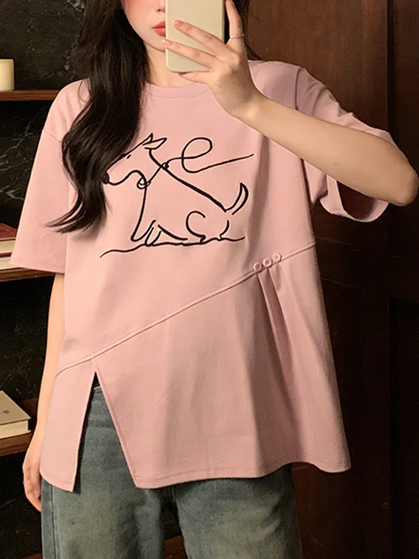 

plus Size Summer Casual Loose Women's T-Shirt Short Sleeve Embroidered Slimming Top Age-Defying Belly-Covering Korean Style