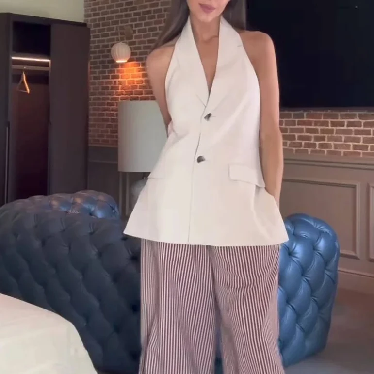 KONDALA-Frauen Elegante Beige Shorts Set Halfter Ärmellose Weste Breite Bein Shorts Neue 2025, Sommer Herbst Mode Casual Mujer set