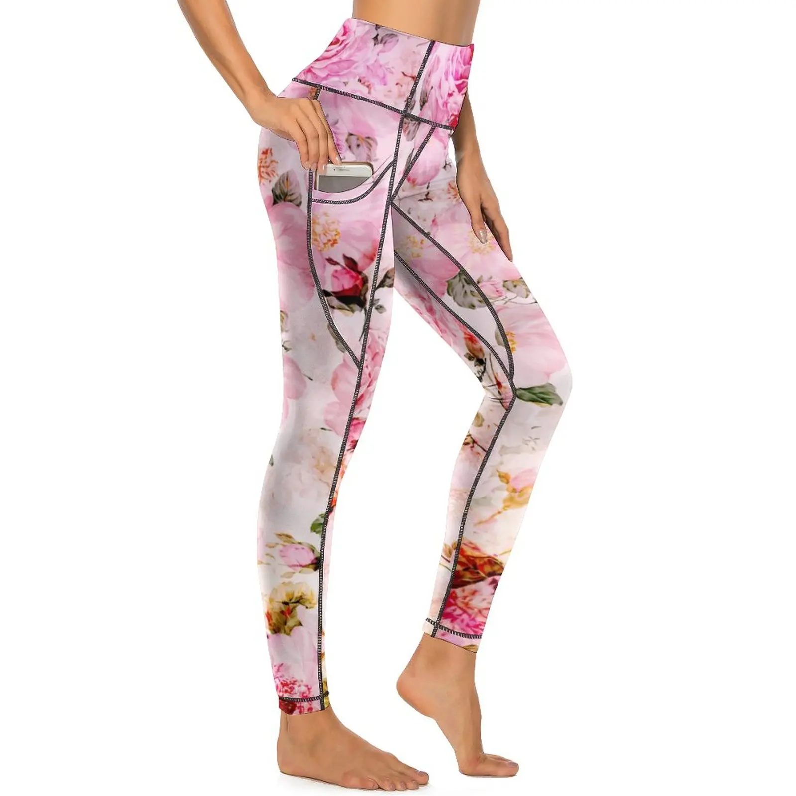 Watercolor Rose Leggings Sexy Pink Floral Print Push Up Yoga Pants Aesthetic Elastic Leggins Women Graphic Fitness Sport Legging