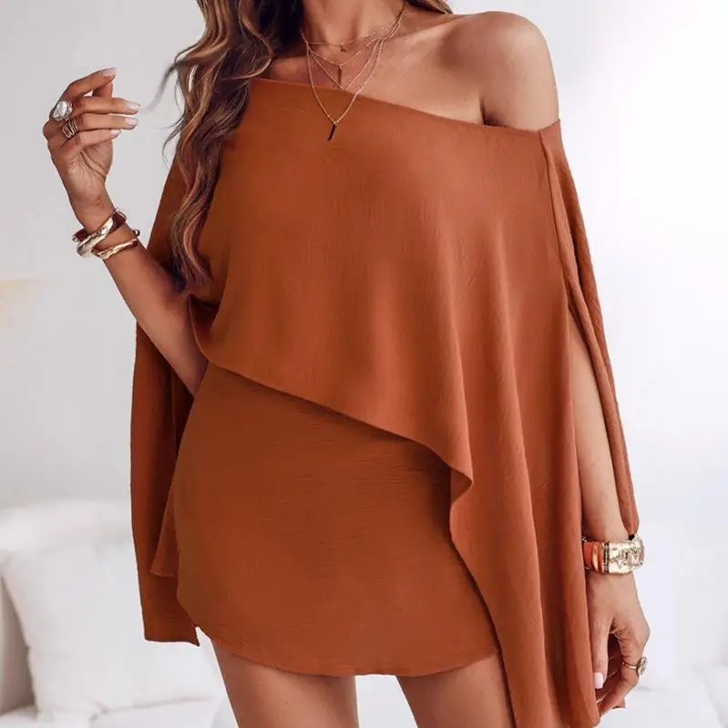 

Лето 2023, однотонный повседневный женский комплект на одно плечо с разрезом, Ele Sle, со средней заниженной талией, ткань из ПВХ, не требуется глажка