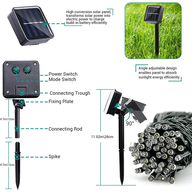 야외 방수 LED 태양열 스트링 조명, 8 가지 모드, 크리스마스 조명, 정원 웨딩 파티 장식, 20, 30, 50/100