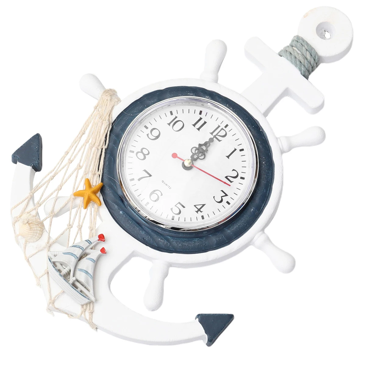 

Blue and White Rudder Clock Retro Decor Ship Wall Decorative Desktop Mediterranean Style Wooden Anchor Office Boat Hanging
