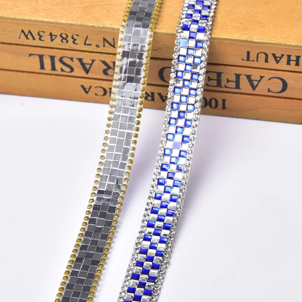 2 Meters Blue And White Square Interphase Glass Rhinestone Ribbons  Diamond Tape Trim 3Rows Bling Wrap Diy Crafts Furniture