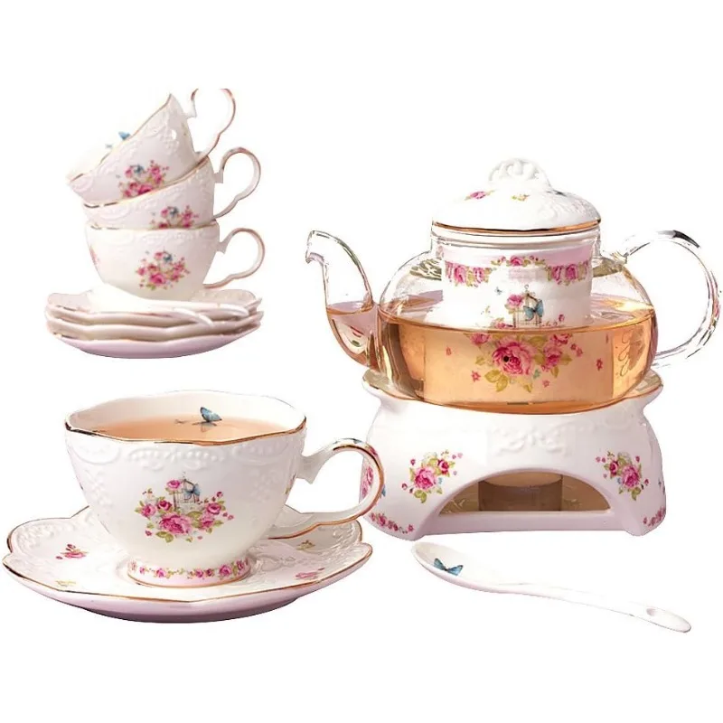 Vintage Porcelain Flower Series Tea Sets, Tea Cup Saucer Set with Teapot Warmer- Filter and Spoon, 16pcs in 1 Set