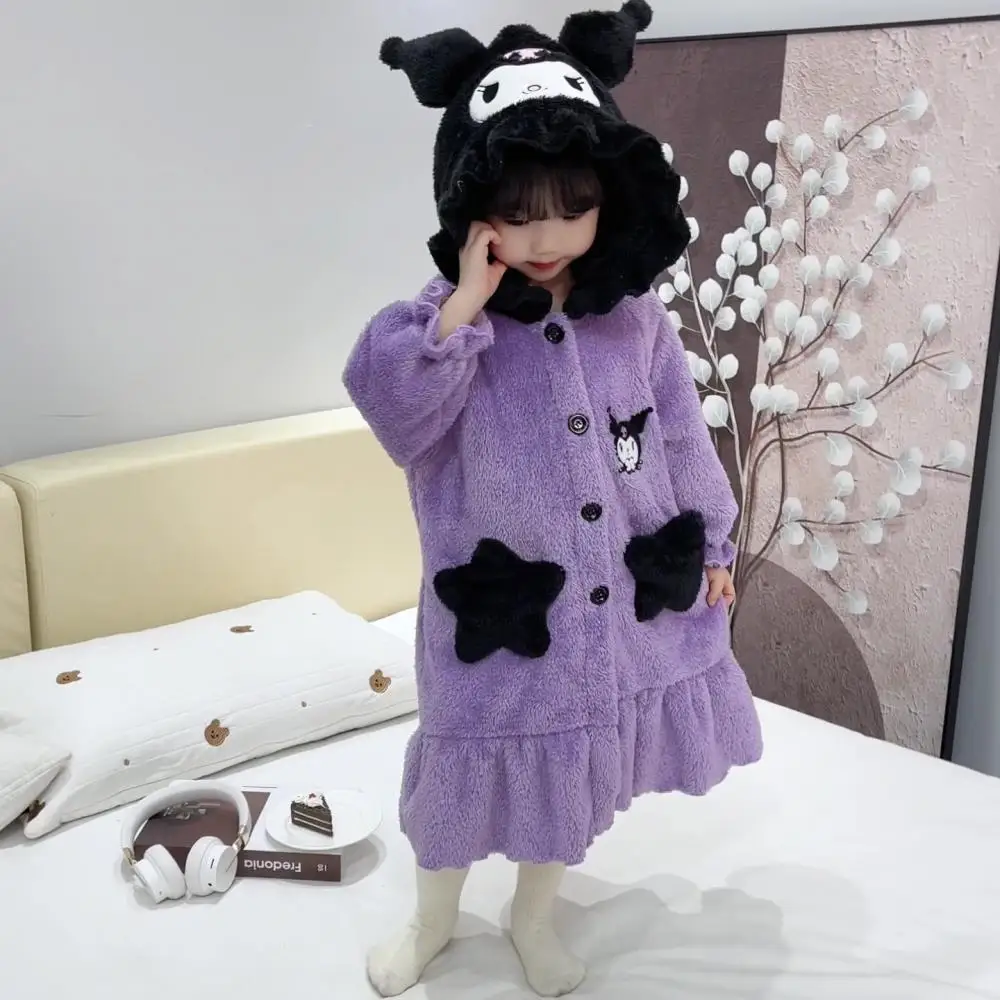 

Cartoon Kuromi Kawaii Kids Girl Flannel Robe Pajamas Sanrio Anime Hooded Fashion Cute Autumn Winter Warm Children Homewear Gift