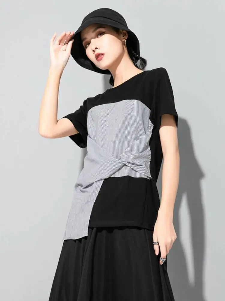 

Женская черная полосатая футболка нестандартной формы с узлом большого размера, новая модная футболка с круглым вырезом и коротким рукавом, весна-лето