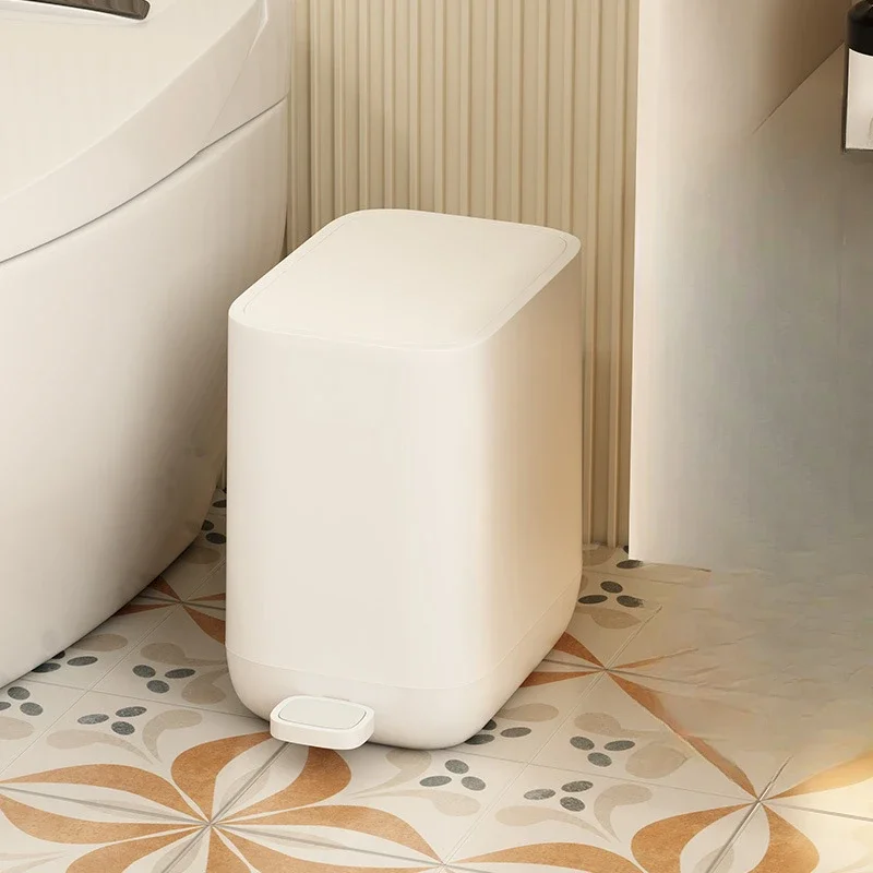 7L Plastic Double Layer Trash Can with Pedal,Bathroom Kitchen Garbage Bin,Waste Bucket,Rectangle,Large Capacity,Beige,Slow Down