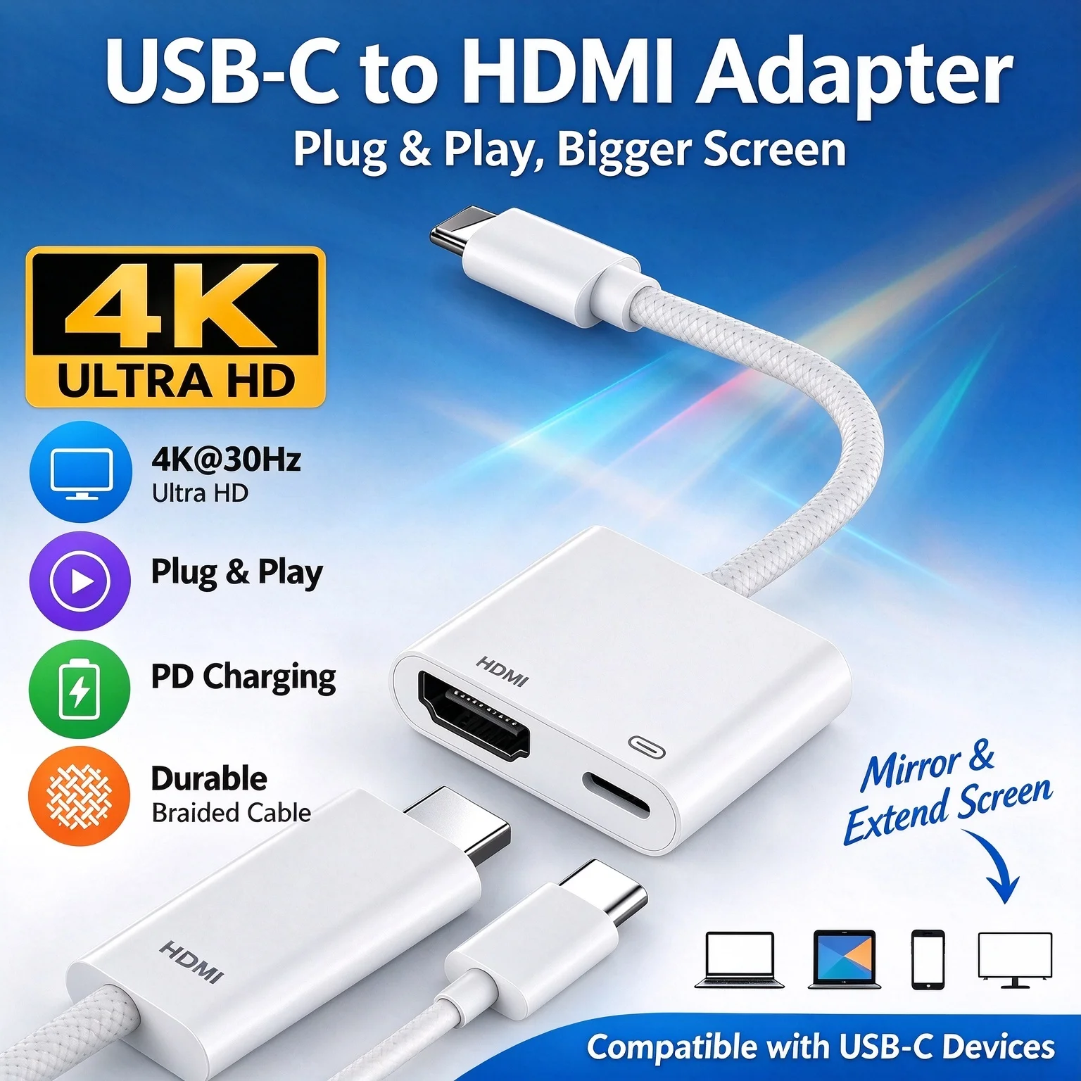 USB C to HDMI Adapter, Suitable for iPhone 15 to TV, 4K Synchronous Screen Connector Cable, Digital AV Adapter, 100W Fast Charge